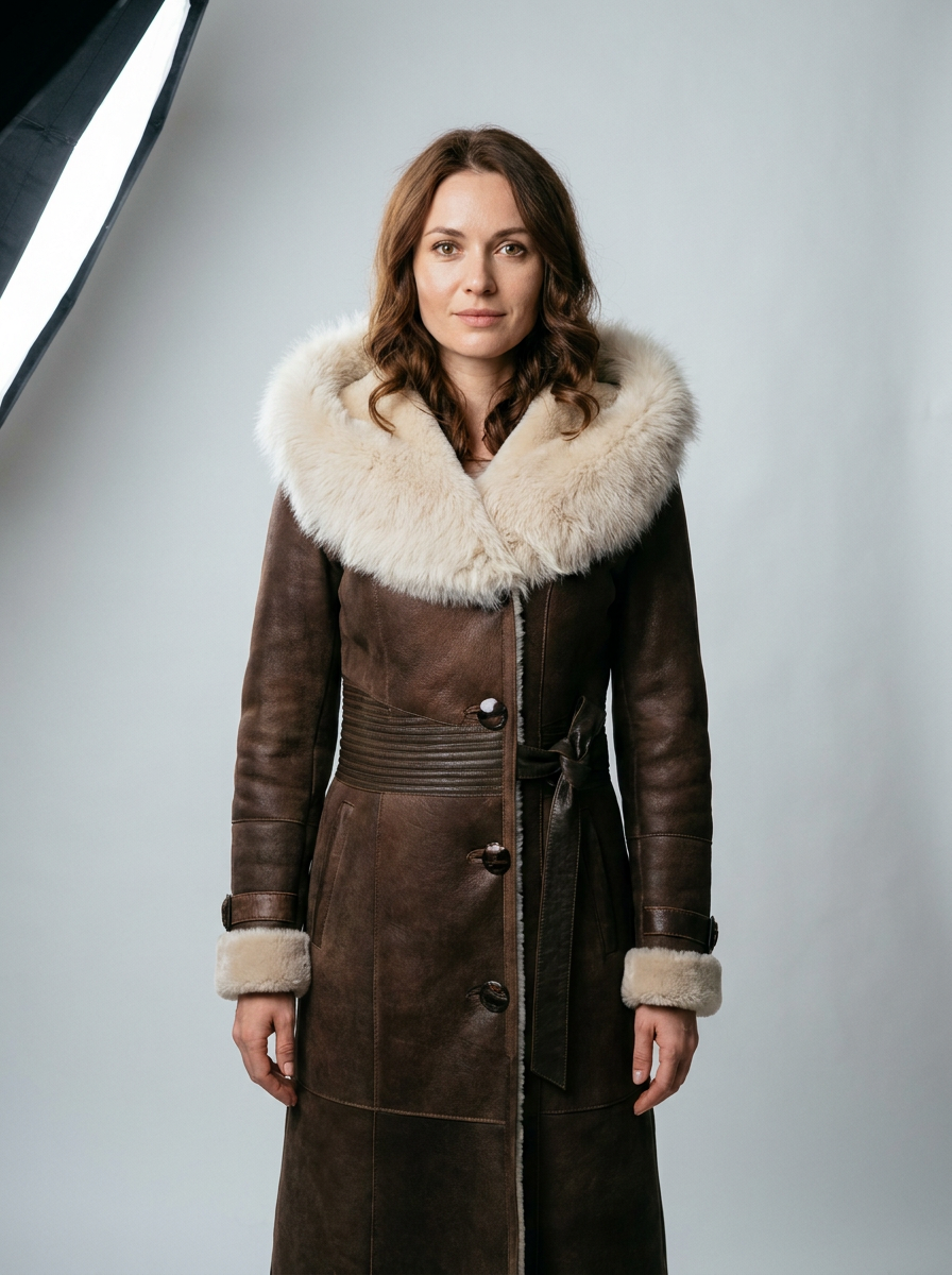 Long Shearling Coat with Hood