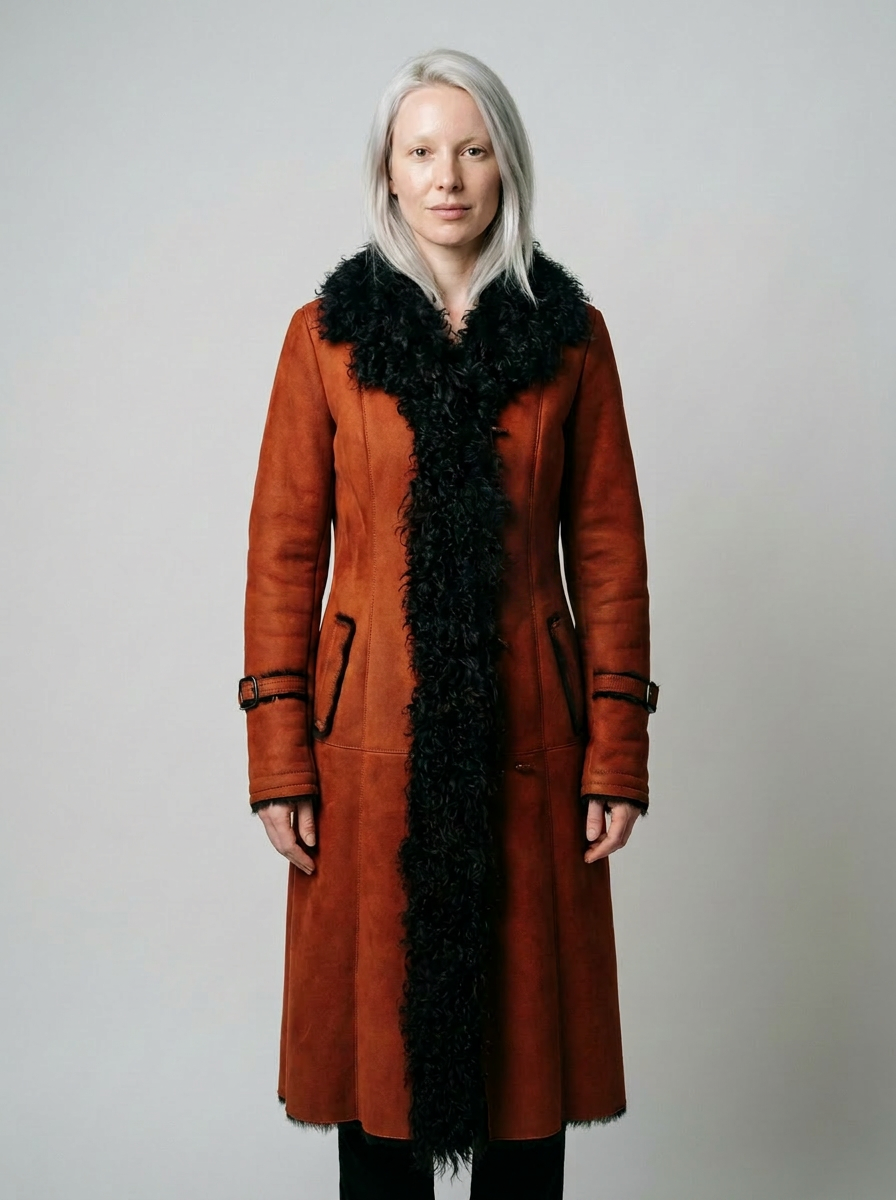 Shearling Long Coat with Curly Fur Trim