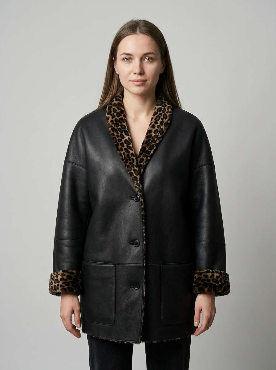 Leopard-Trim Shearling Coat