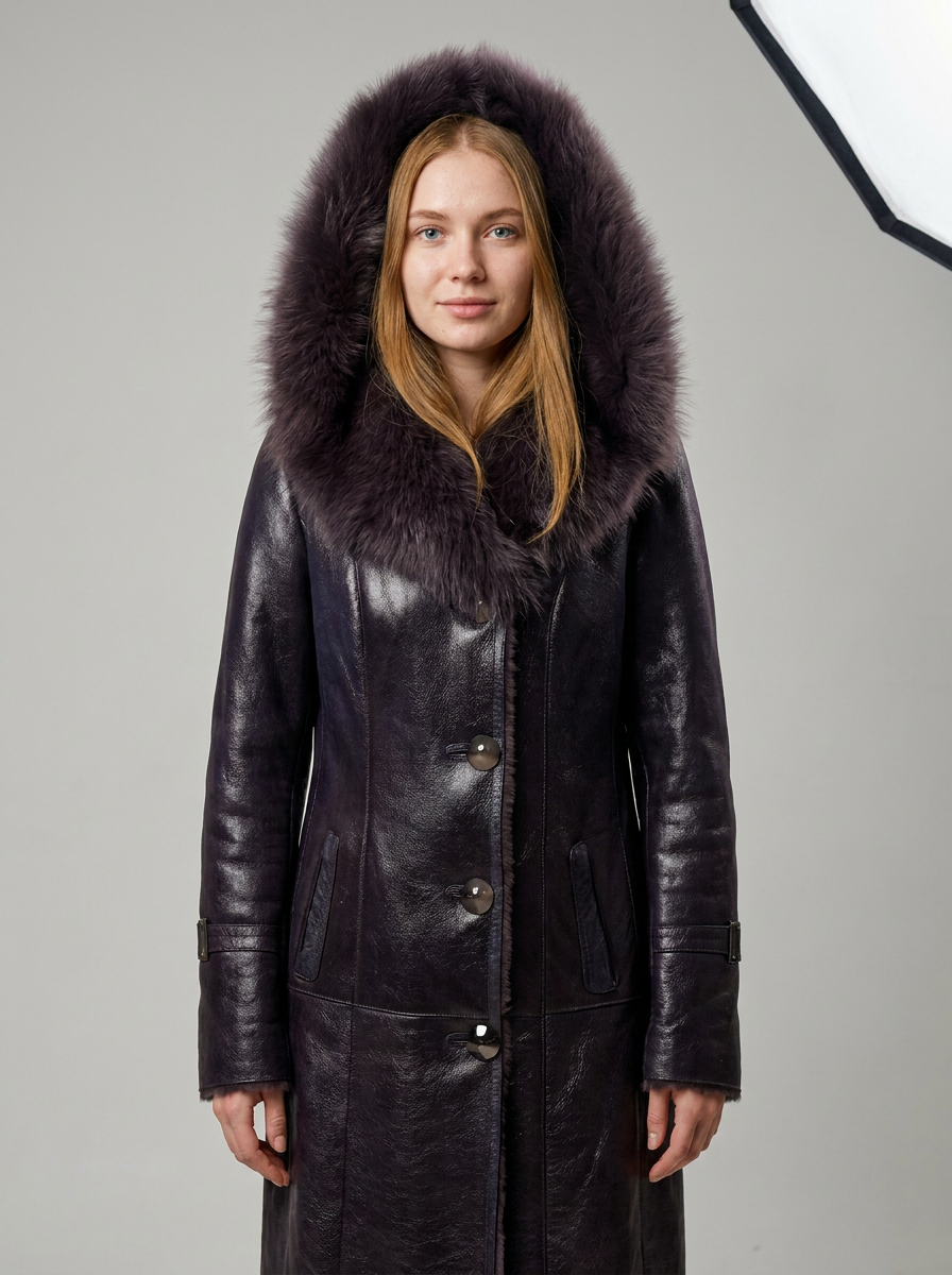 Plum Shearling Hooded Coat