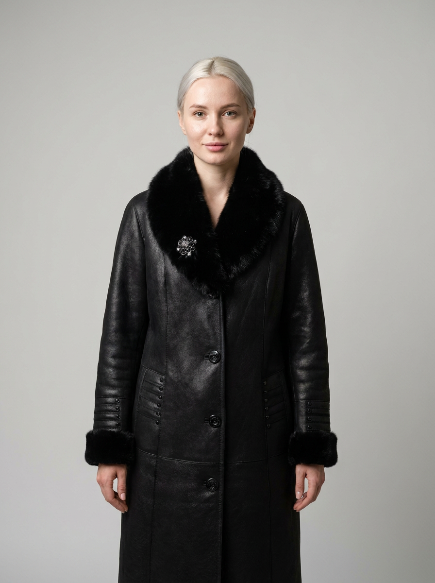 Black Shearling Coat with Fur Trim
