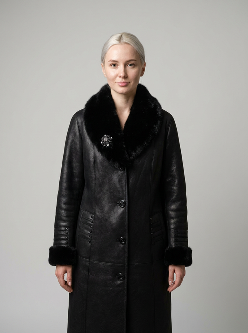 Black Shearling Coat with Fur Trim
