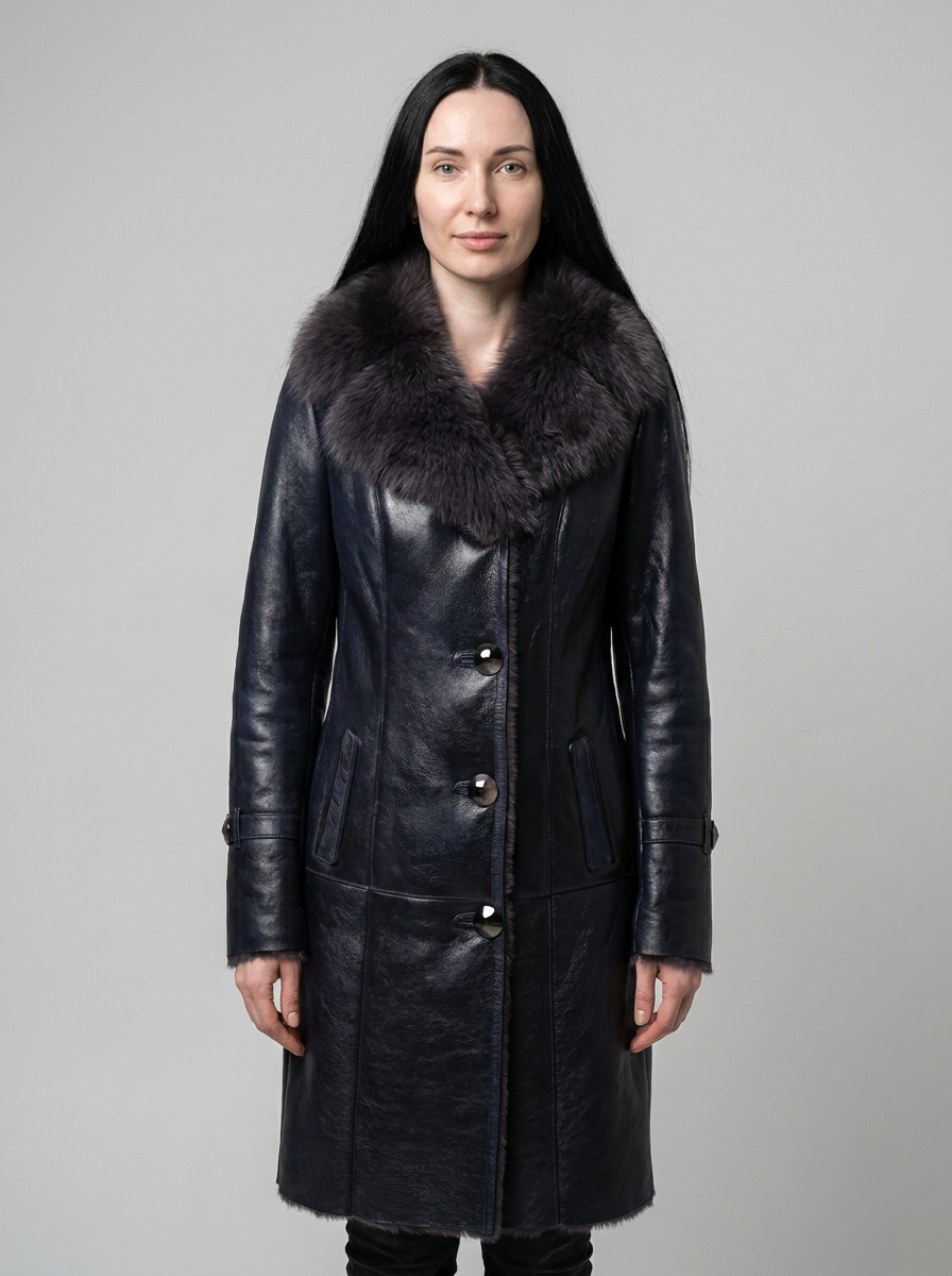 Navy Leather Shearling Coat