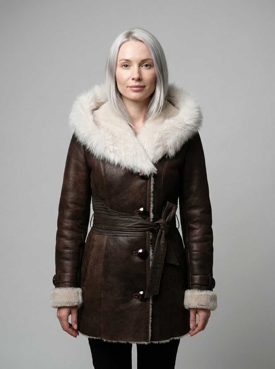 Shearling Hooded Leather Coat