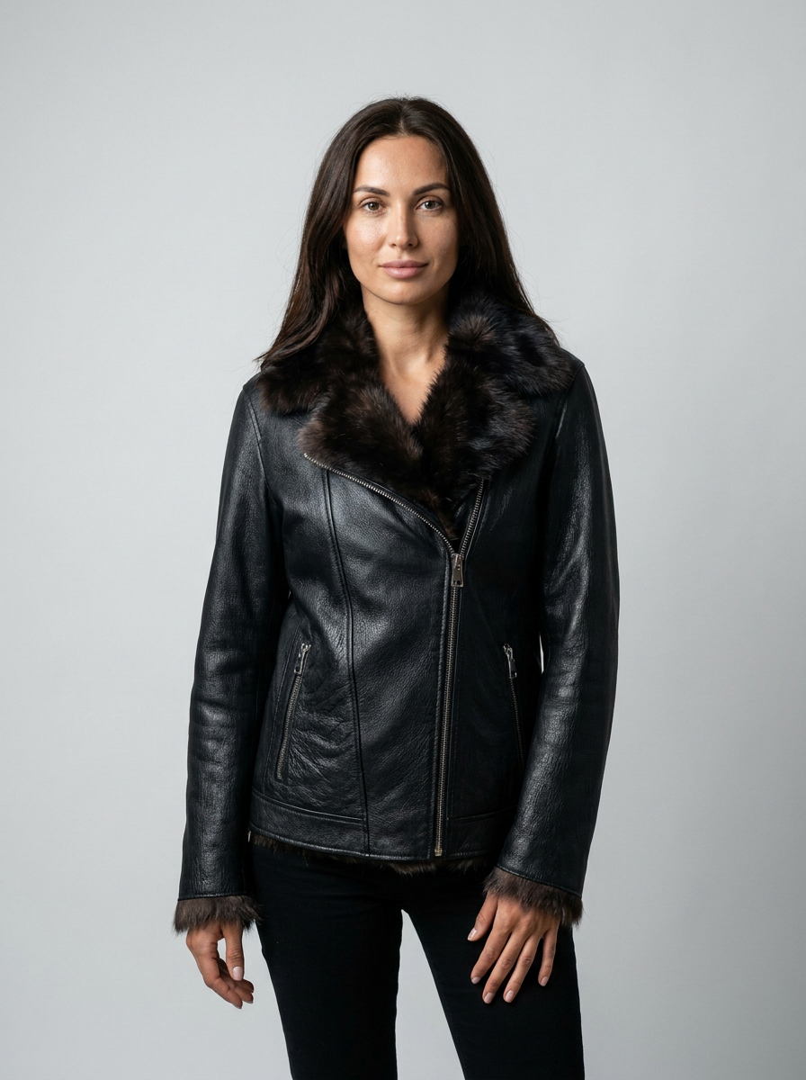 Shearling Trim Leather Biker Jacket