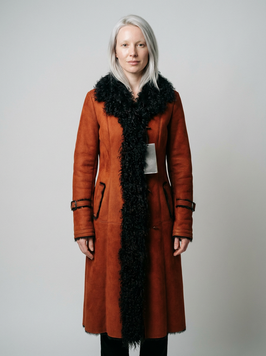 Shearling Long Coat with Curly Fur Trim