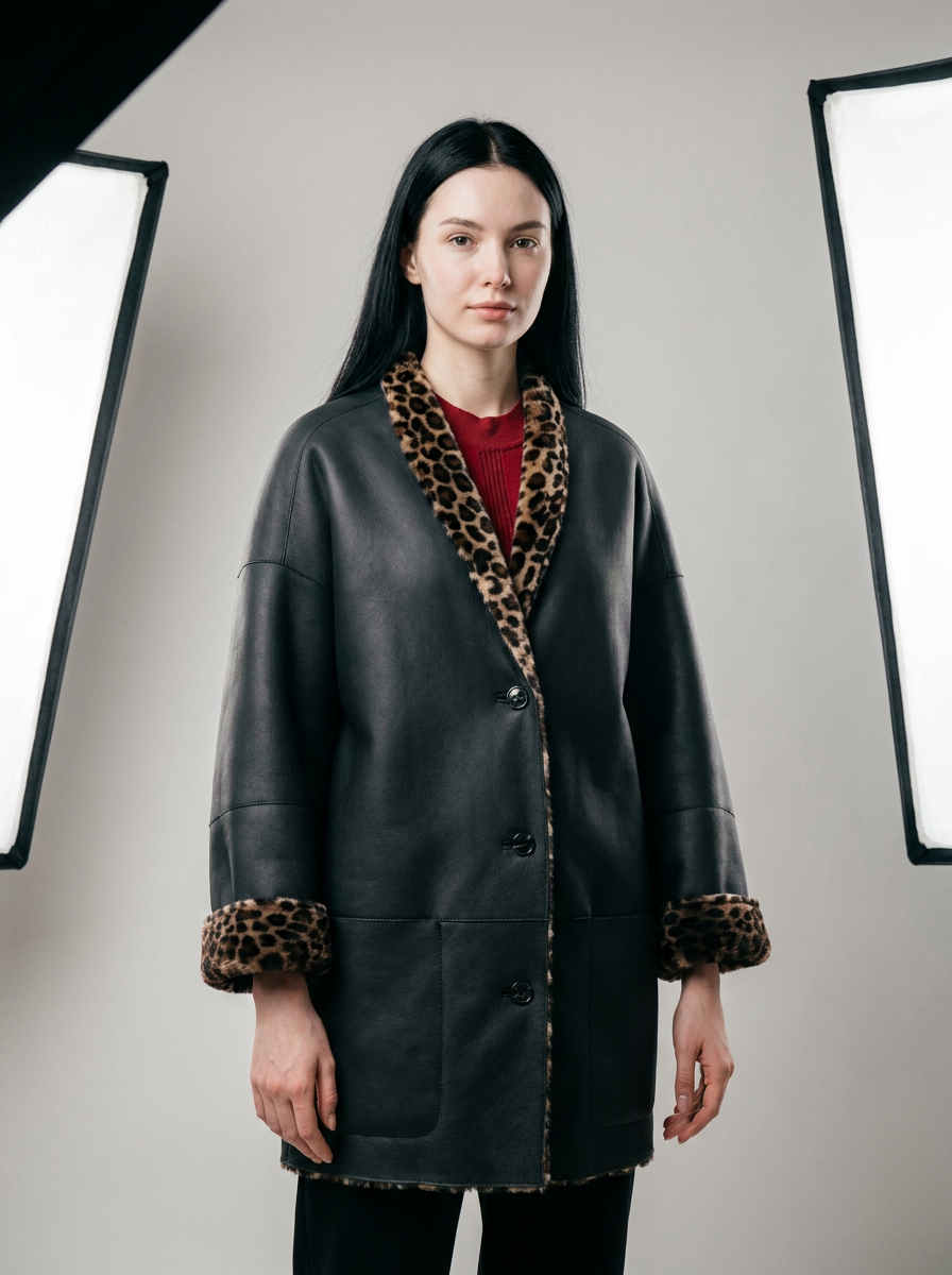 Leopard Trim Shearling Coat