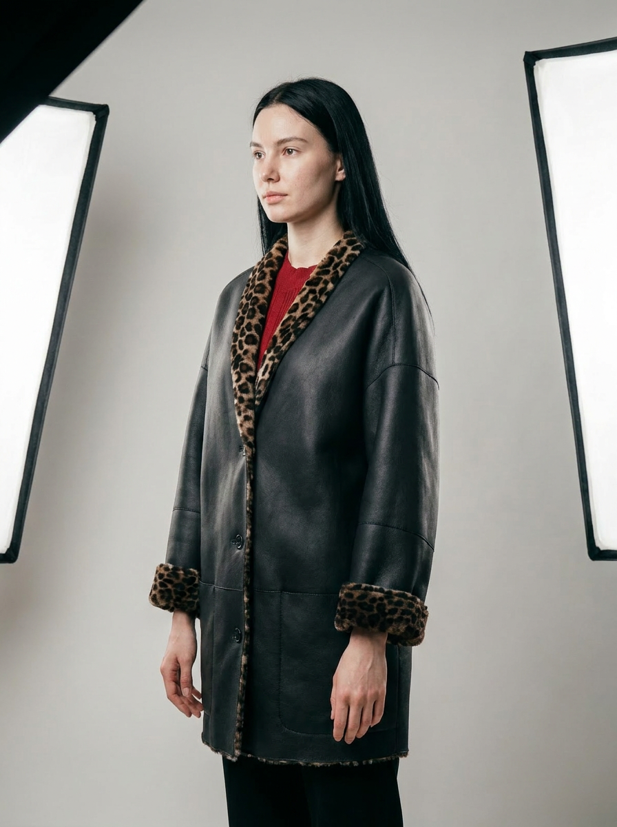 Leopard Trim Shearling Coat