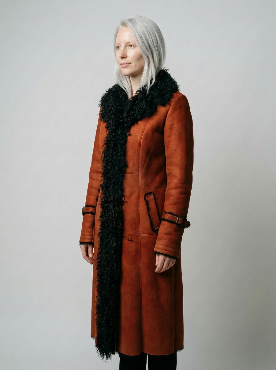 Shearling Long Coat with Curly Fur Trim