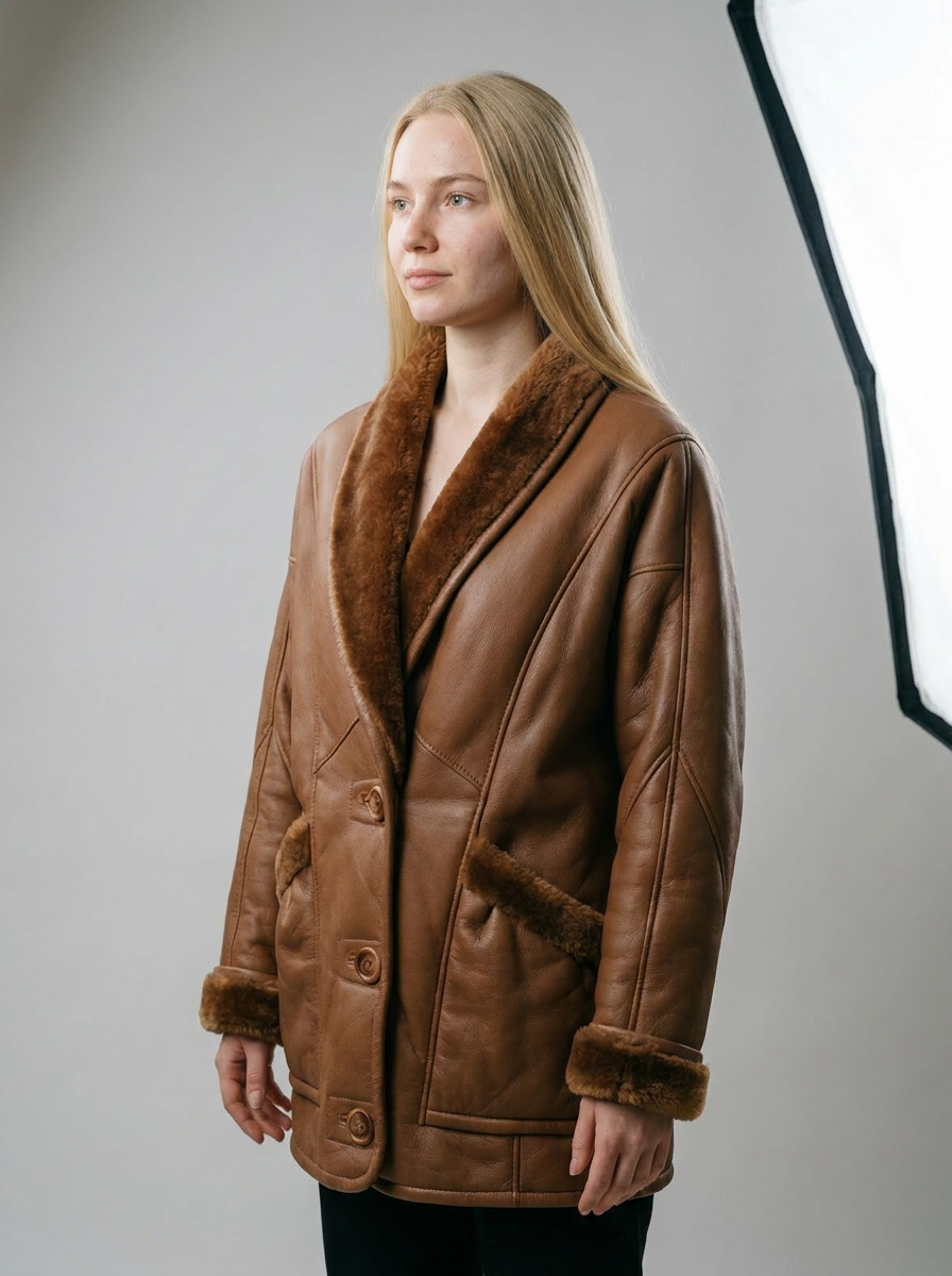 Cognac Shearling Leather Jacket