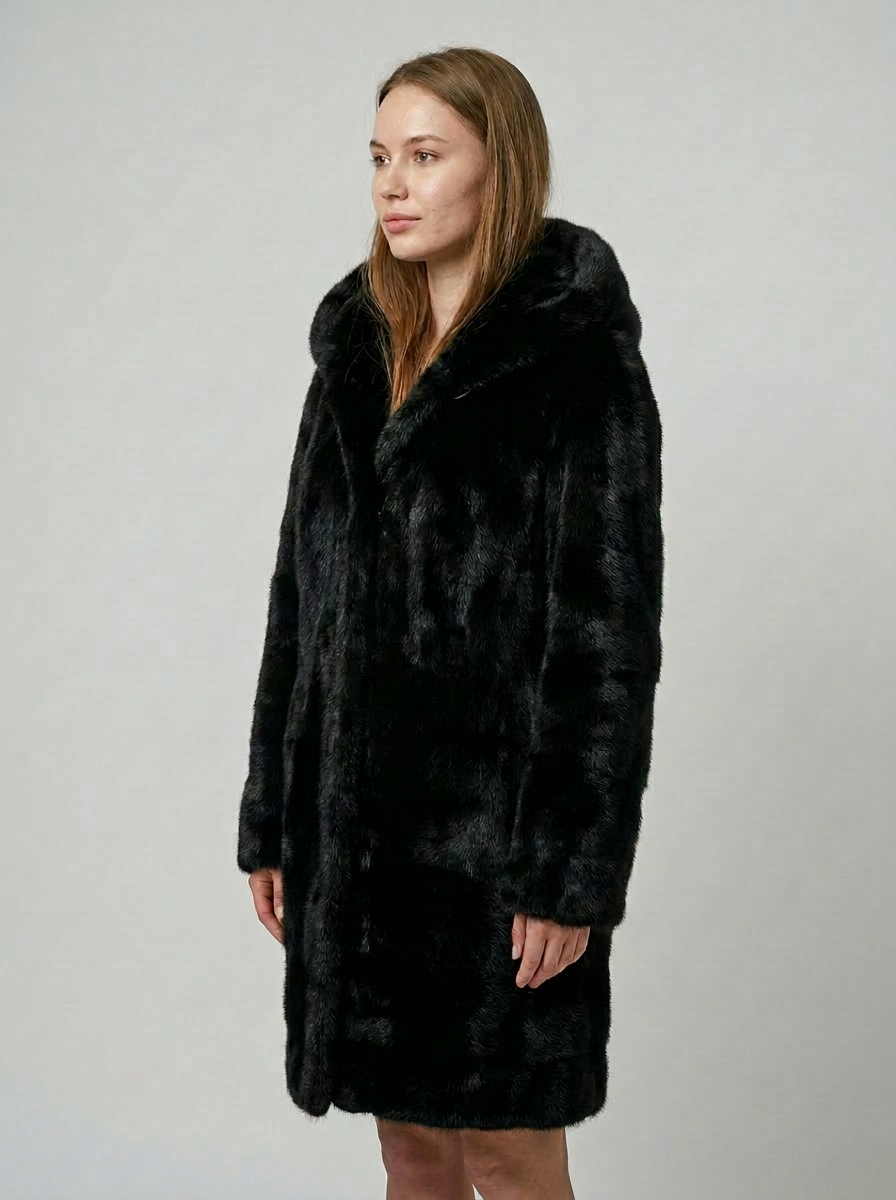 Black Hooded Fur Coat