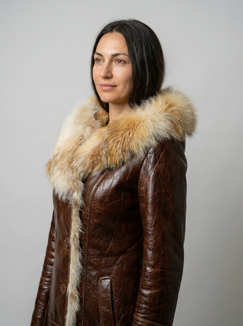 Distressed Leather Shearling Coat