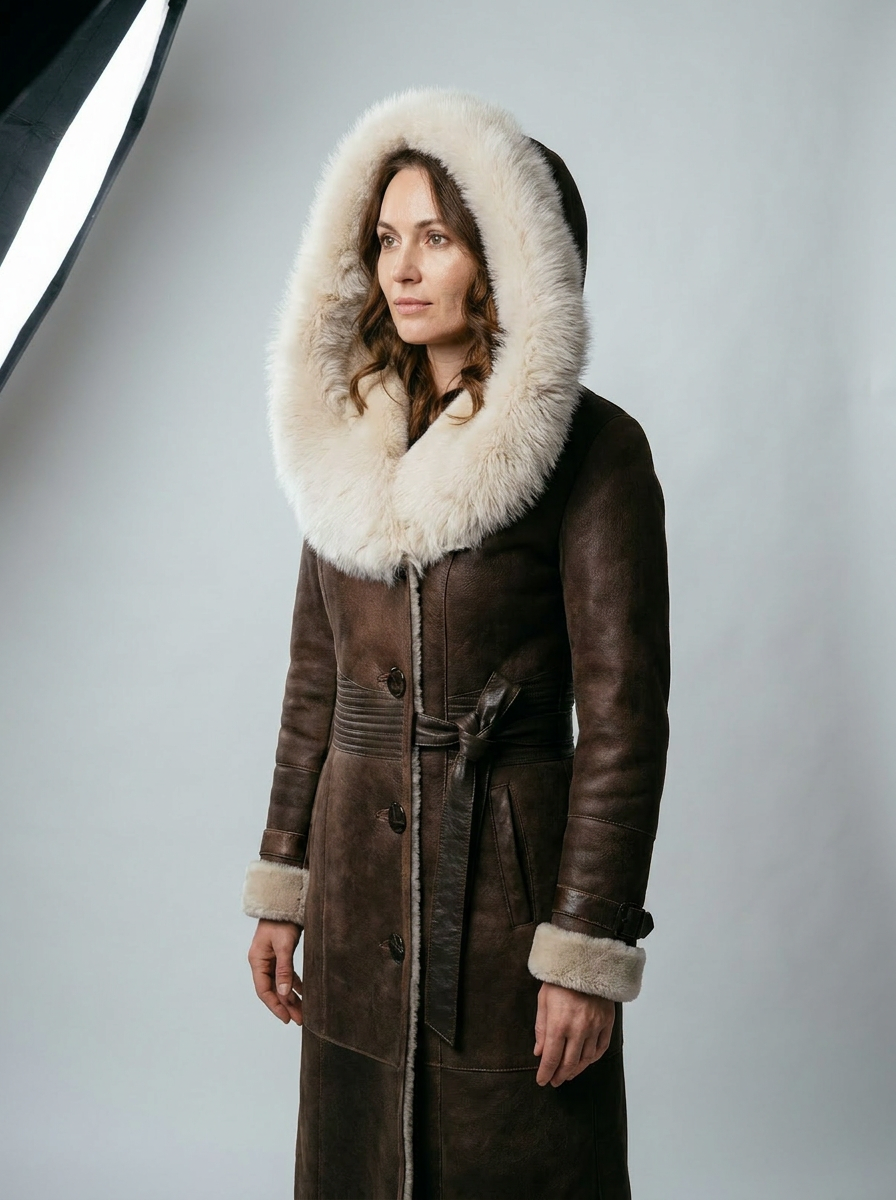 Long Shearling Coat with Hood