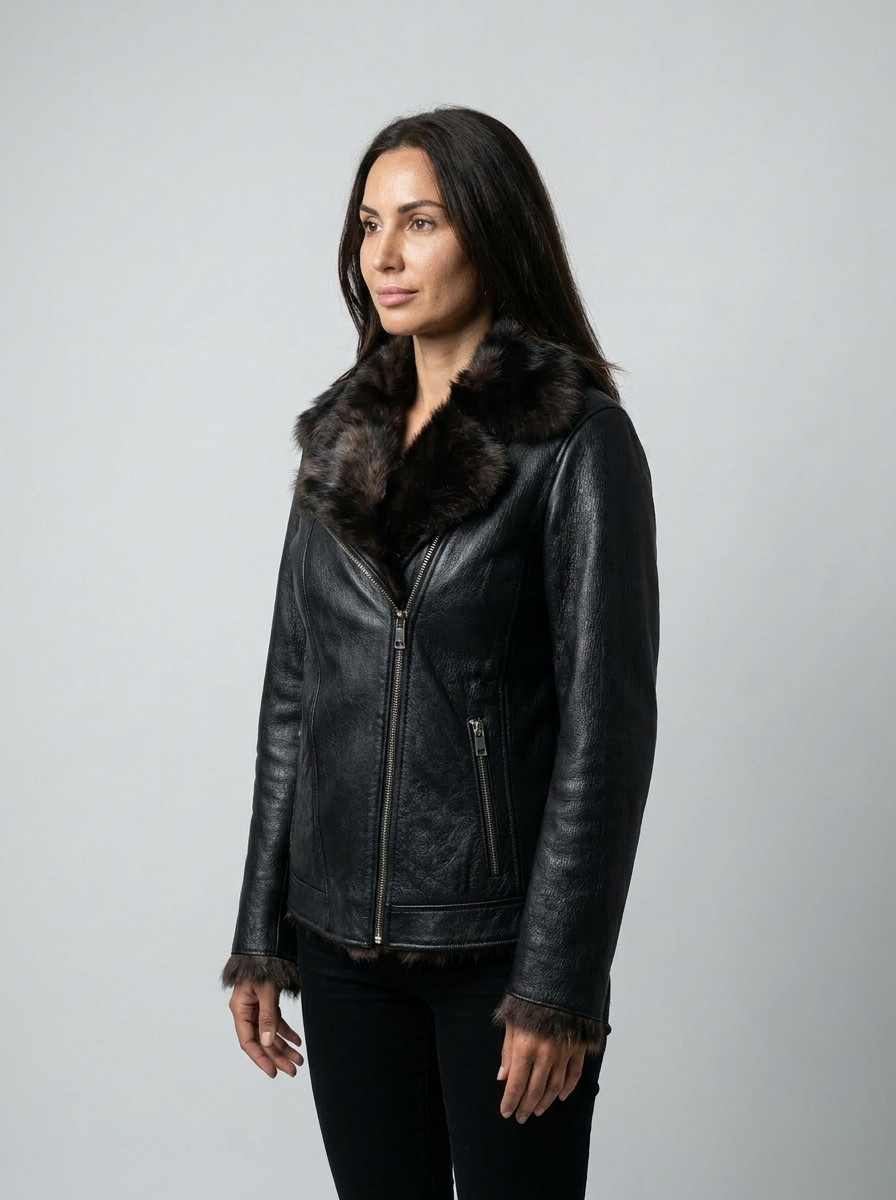 Shearling Trim Leather Biker Jacket