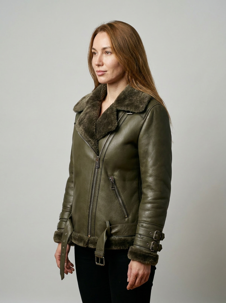 Olive Shearling Biker Jacket
