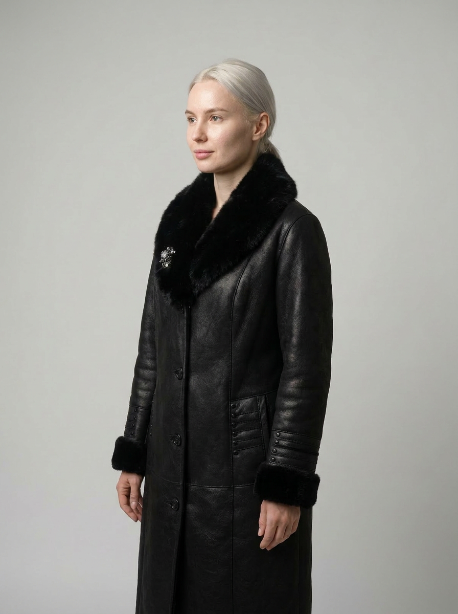 Black Shearling Coat with Fur Trim