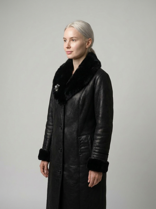Black Shearling Coat with Fur Trim