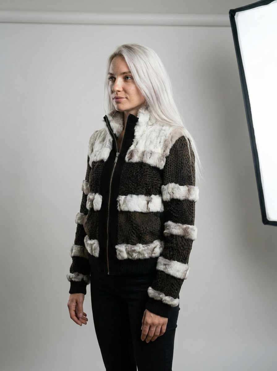 Knitted Rabbit Fur Bomber Jacket