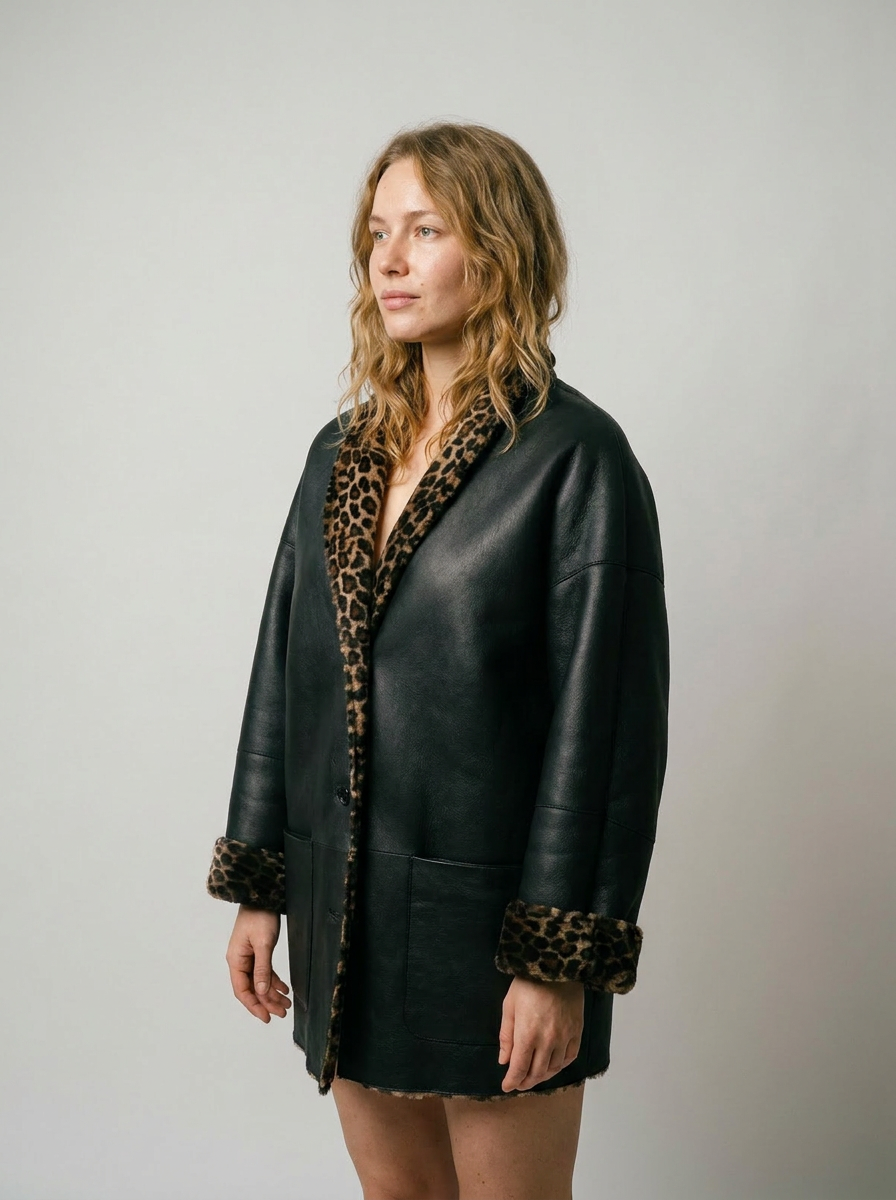 Leopard Trim Shearling Coat