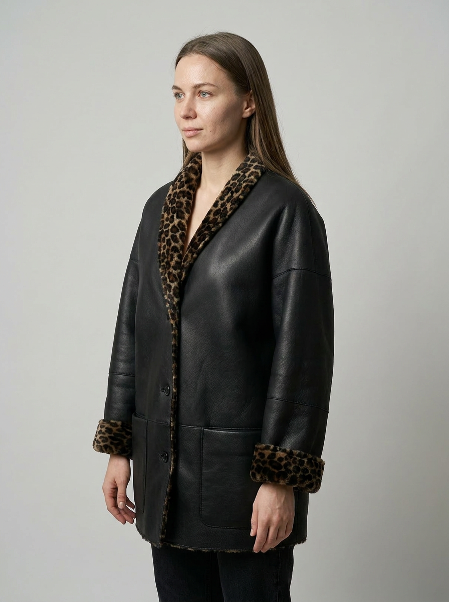Leopard-Trim Shearling Coat