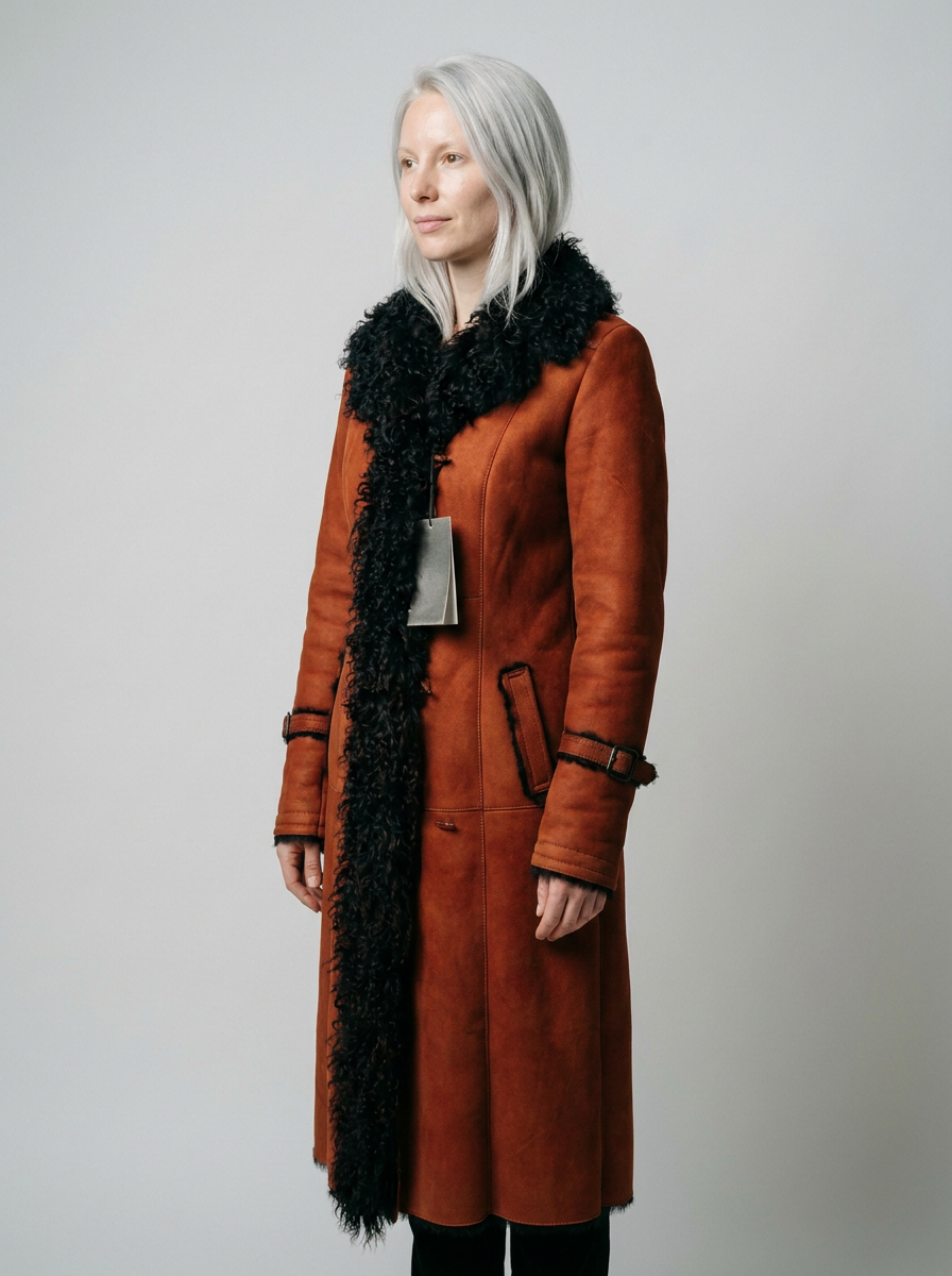 Shearling Long Coat with Curly Fur Trim