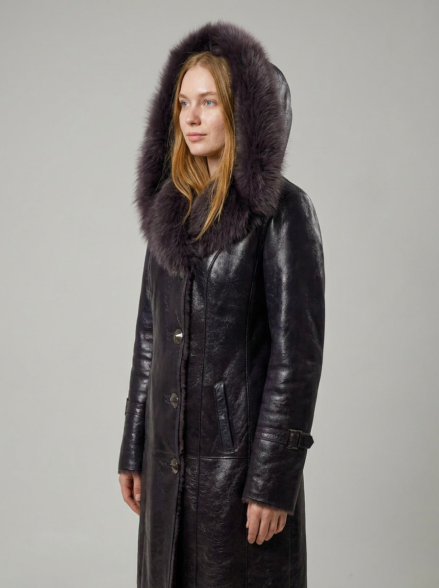 Plum Shearling Hooded Coat