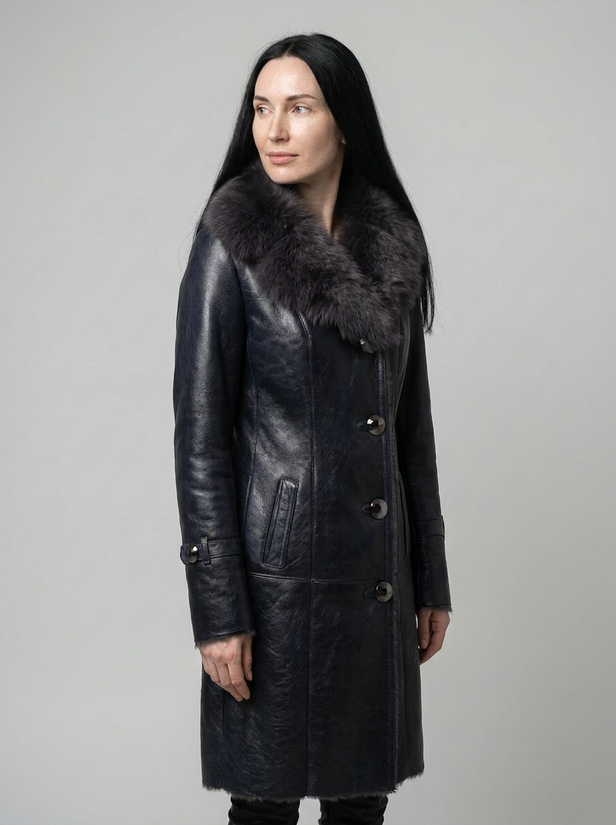 Navy Leather Shearling Coat