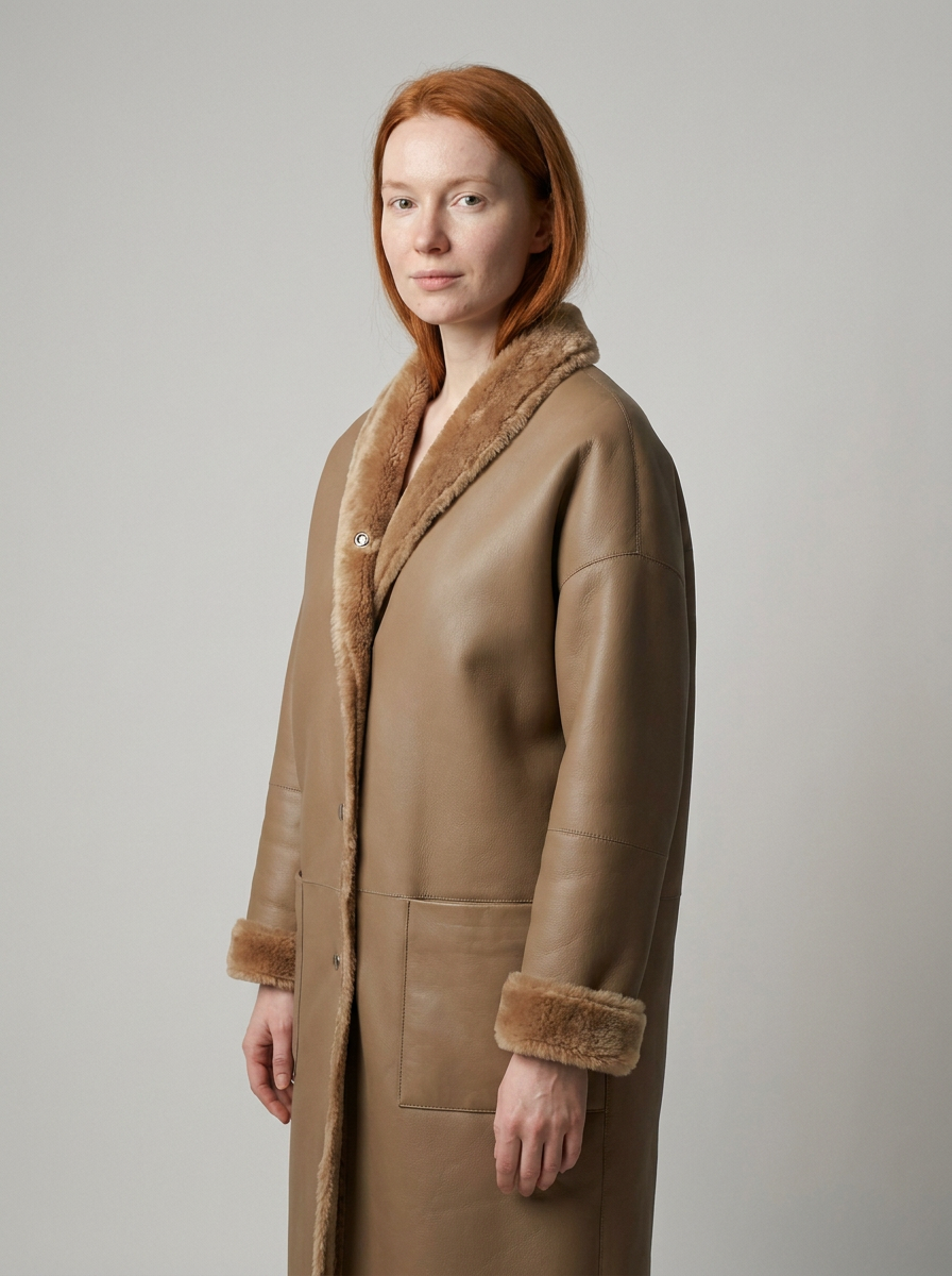 Shearling Trimmed Leather Coat