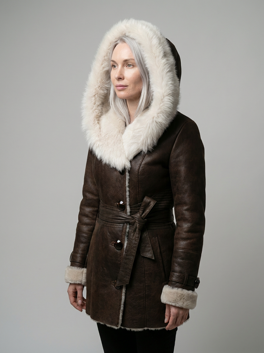 Shearling Hooded Leather Coat