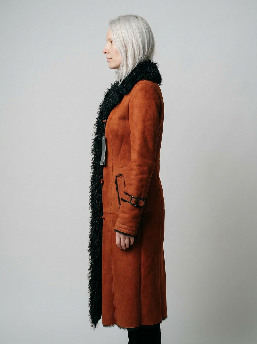 Shearling Long Coat with Curly Fur Trim