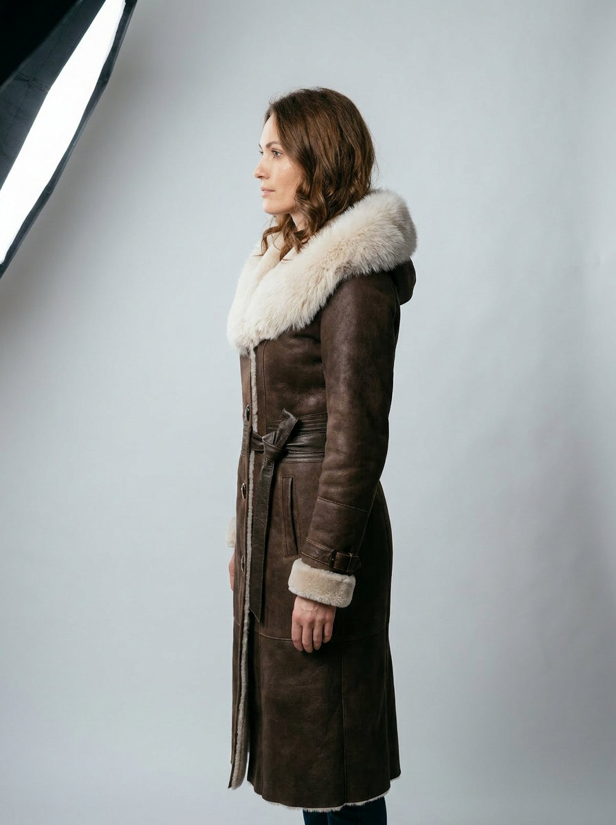 Long Shearling Coat with Hood