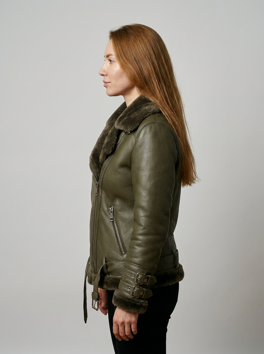 Olive Shearling Biker Jacket