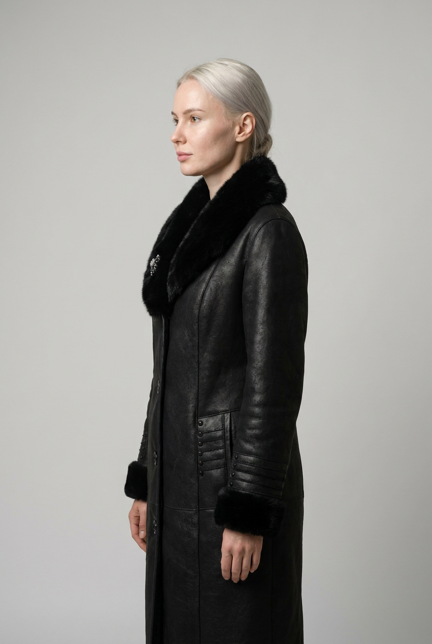 Black Shearling Coat with Fur Trim