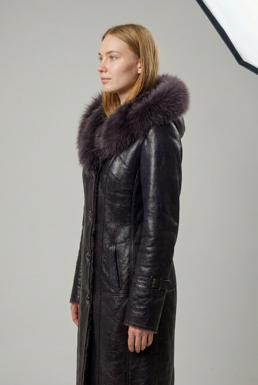 Plum Shearling Hooded Coat