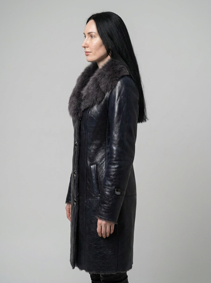 Navy Leather Shearling Coat