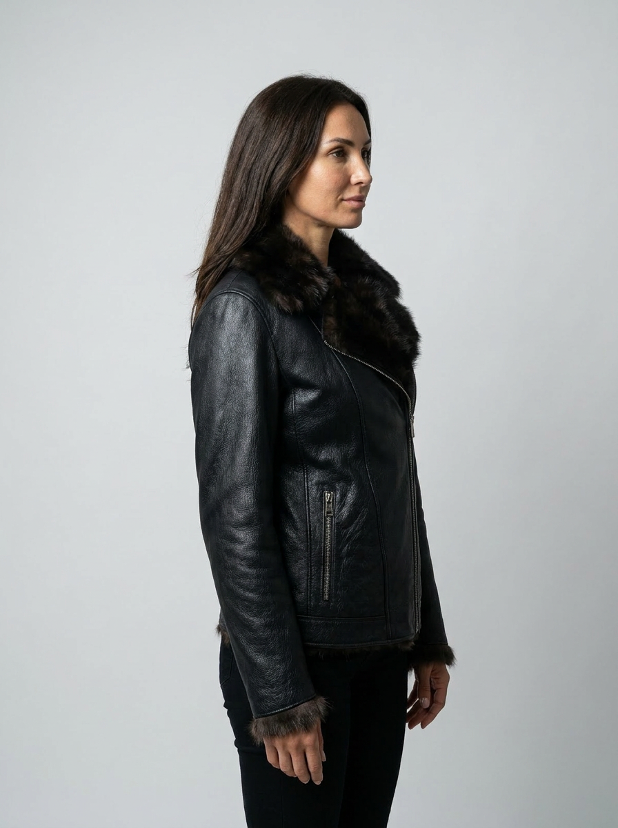 Shearling Trim Leather Biker Jacket