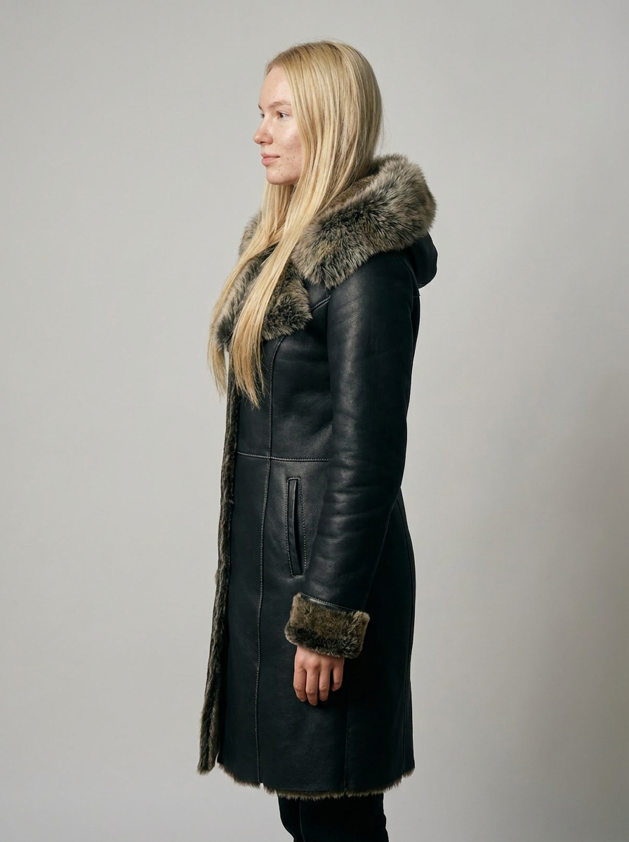 Shearling Hooded Leather Coat