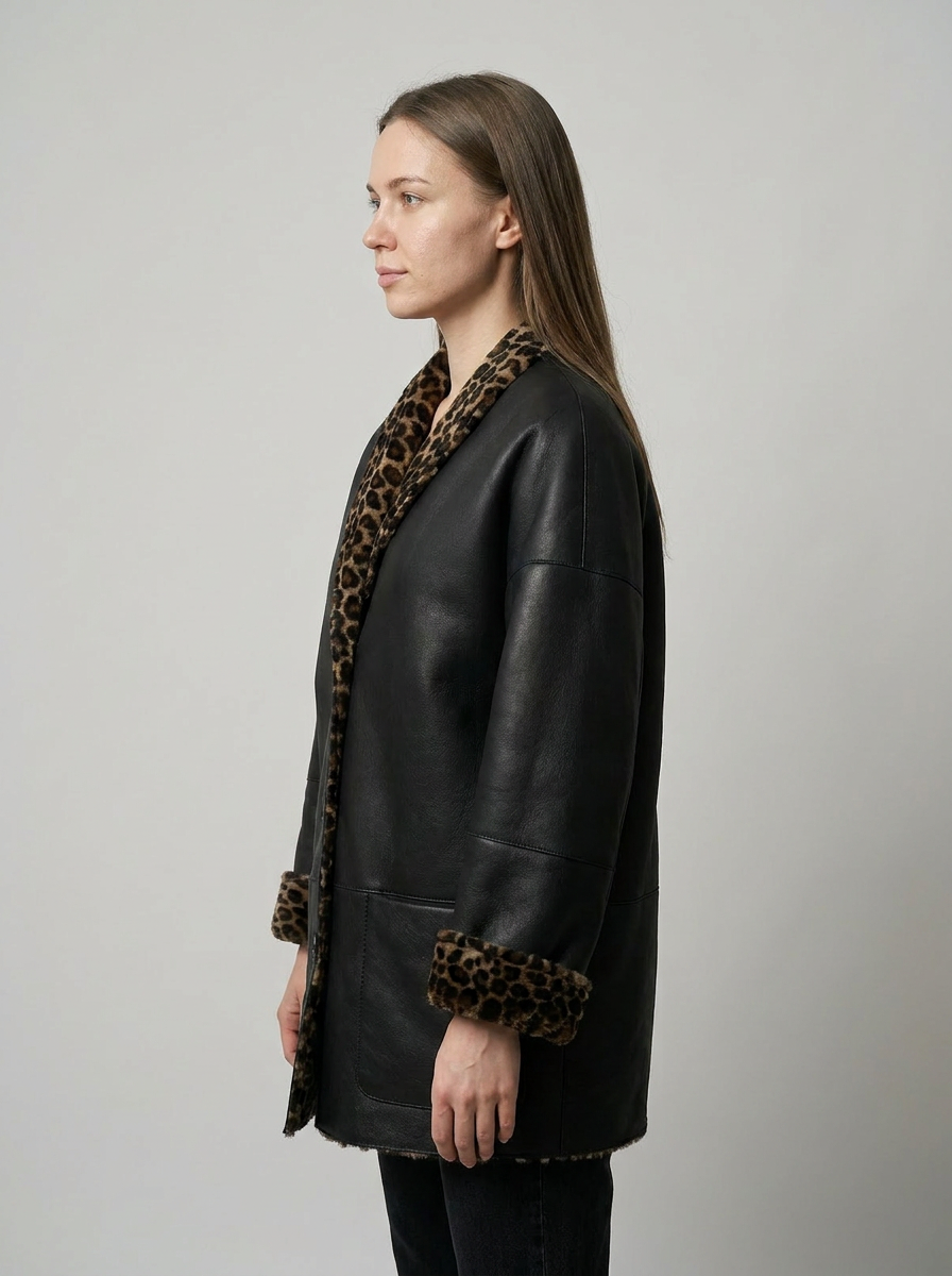 Leopard-Trim Shearling Coat