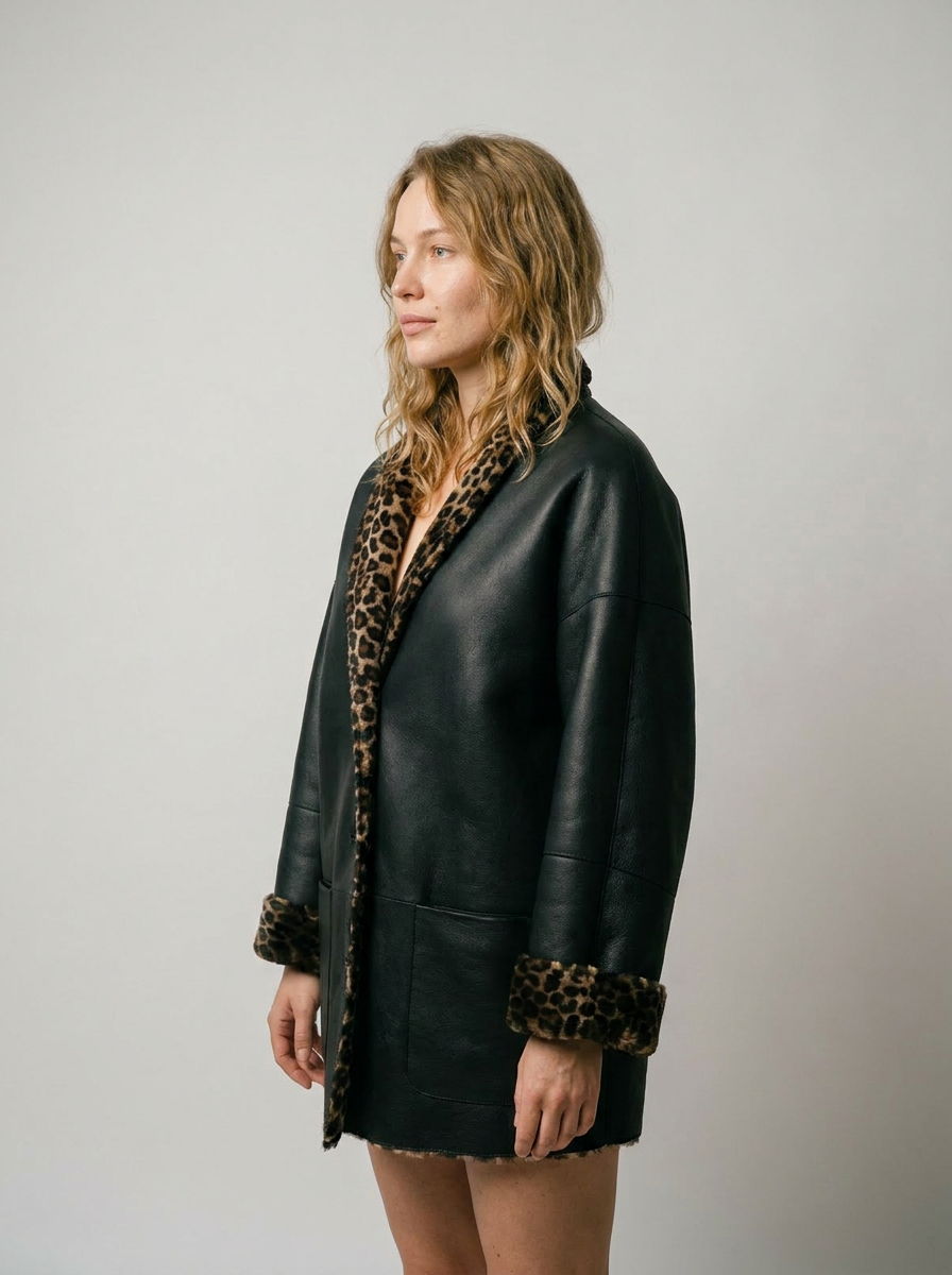 Leopard Trim Shearling Coat