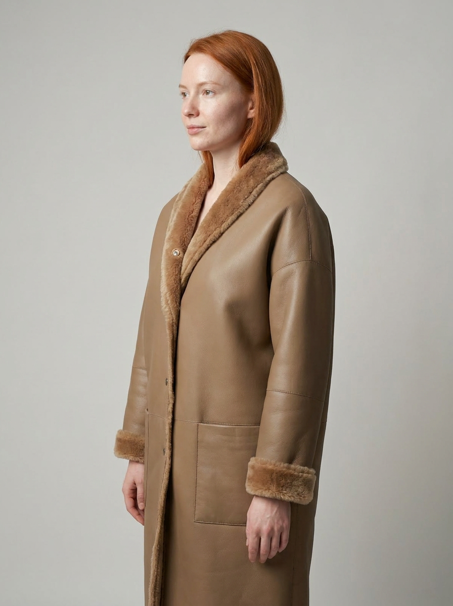 Shearling Trimmed Leather Coat