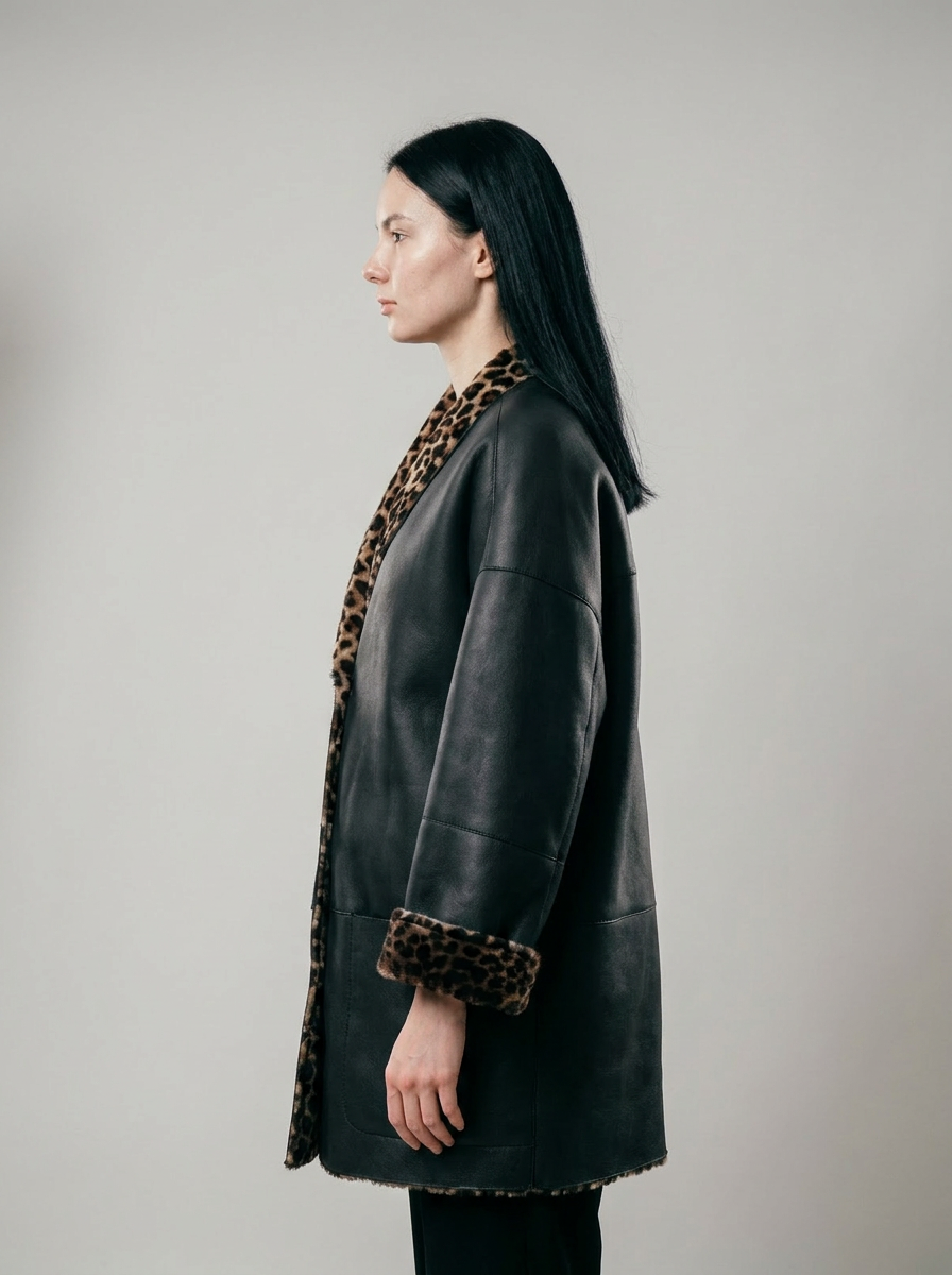 Leopard Trim Shearling Coat