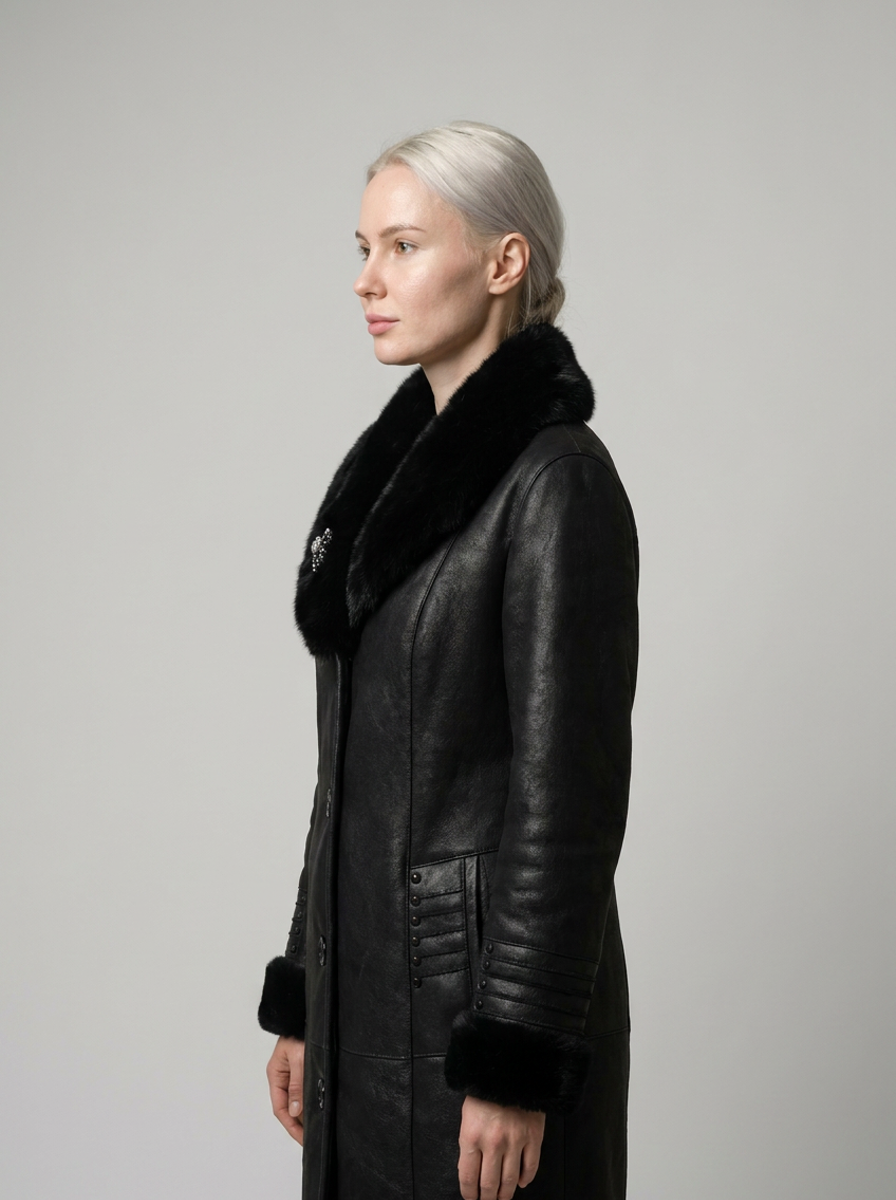 Black Shearling Coat with Fur Trim