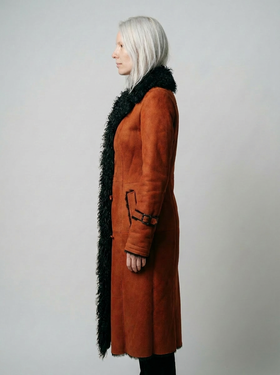 Shearling Long Coat with Curly Fur Trim