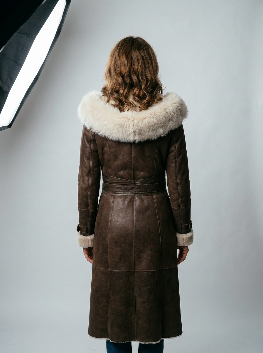 Long Shearling Coat with Hood