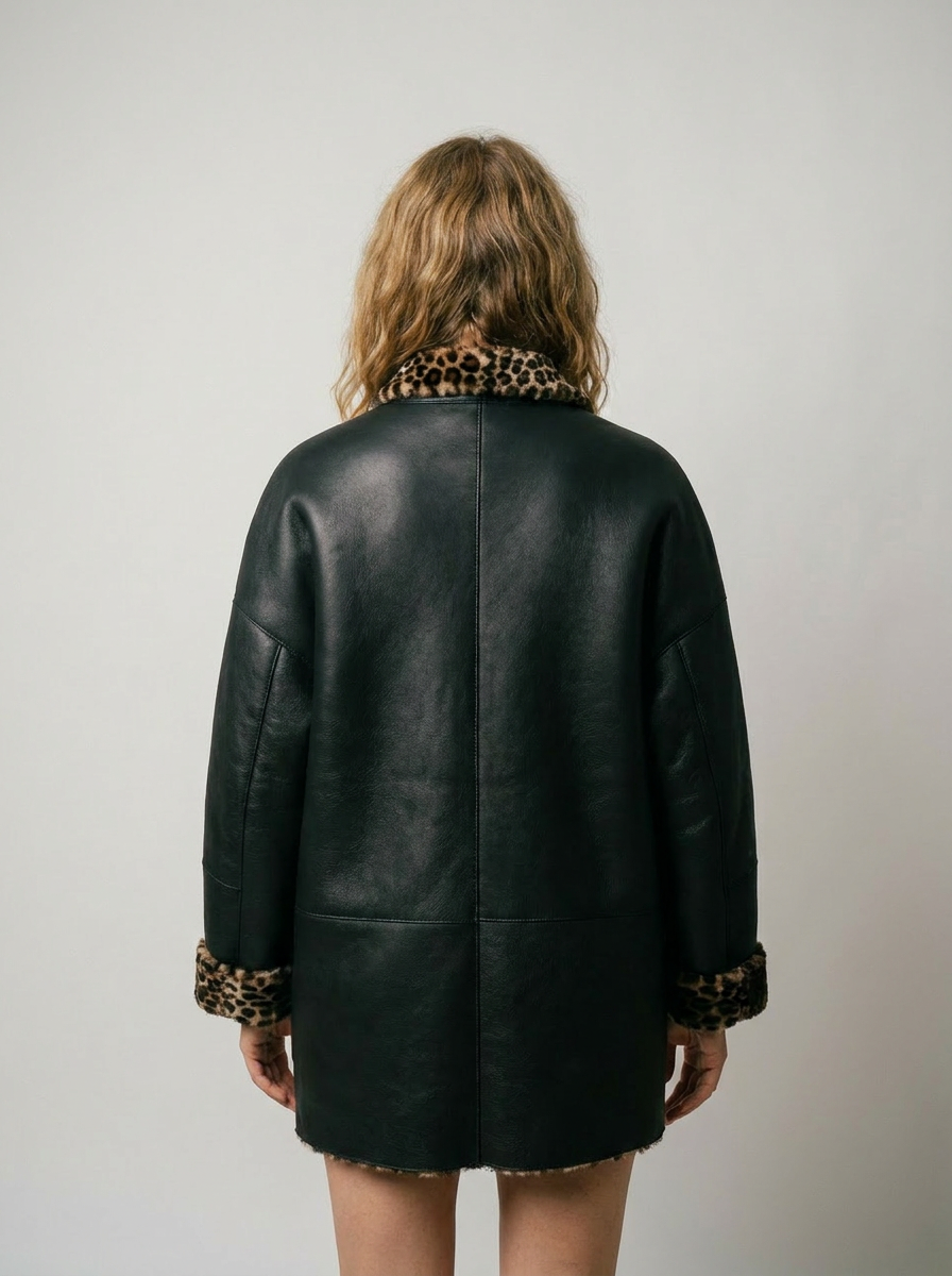 Leopard Trim Shearling Coat