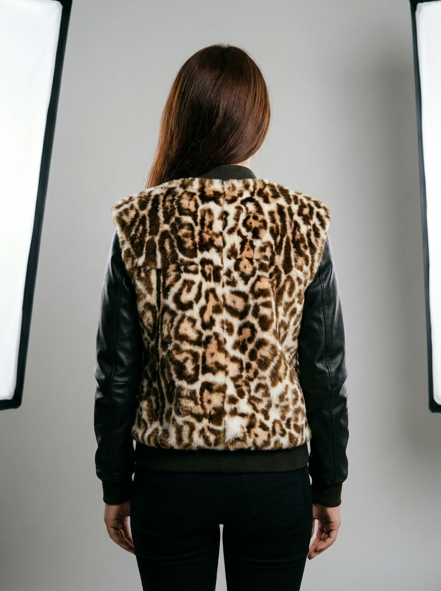 Leopard Print Shearling & Leather Bomber Jacket
