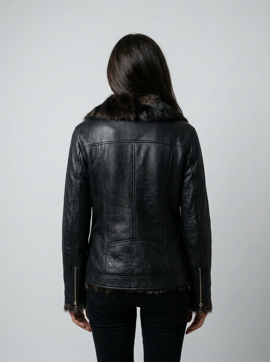 Shearling Trim Leather Biker Jacket