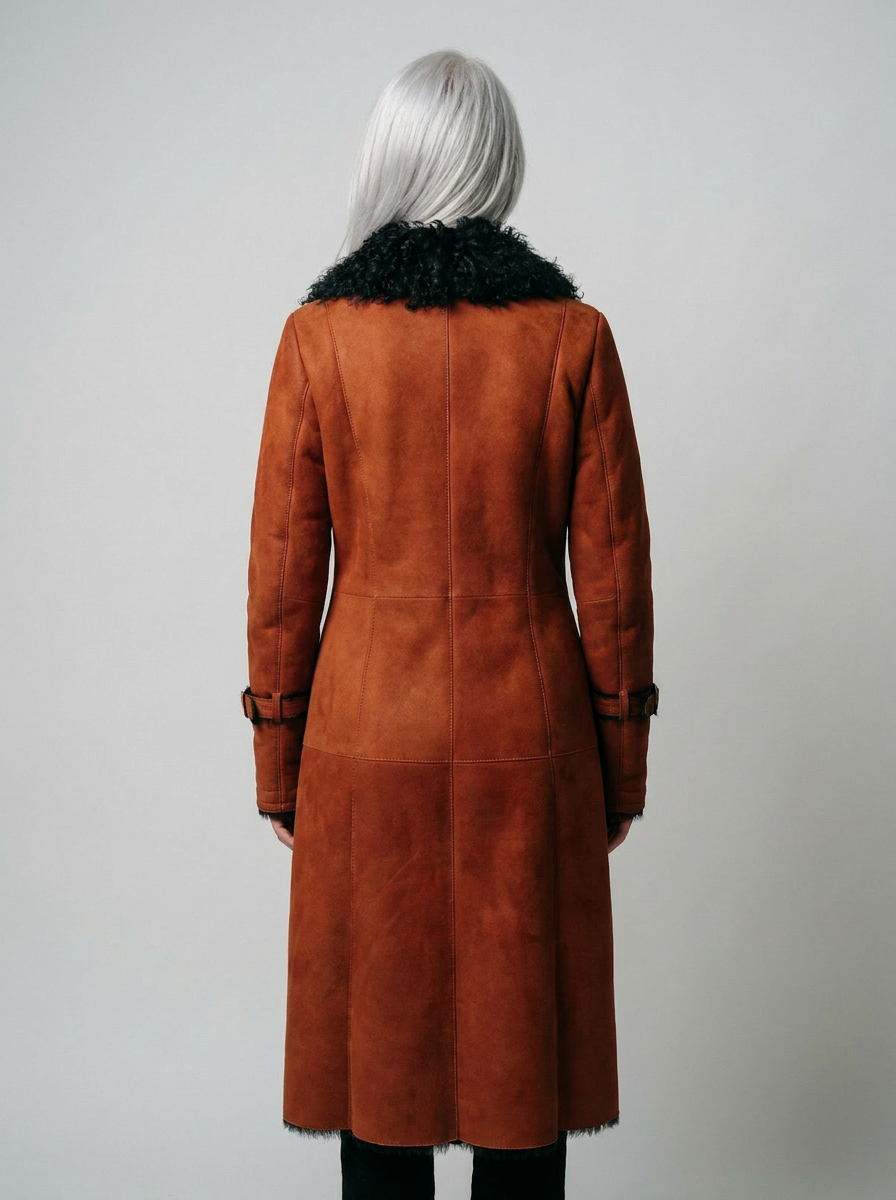 Shearling Long Coat with Curly Fur Trim