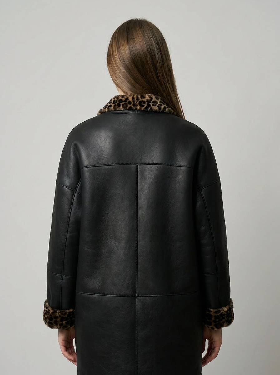 Leopard-Trim Shearling Coat
