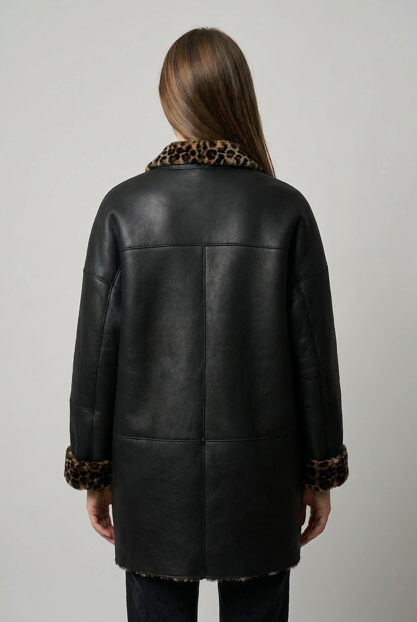 Leopard-Trim Shearling Coat